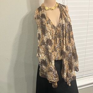EUC Elizabeth & James Silk Brown Tan Print Blouse,XS